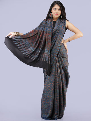 Indigo Black Maroon Ivory Ajrakh Hand Block Printed Modal Silk Saree - S031704263