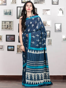 Indigo White Sky Blue Hand Block Printed Cotton Mul Saree - S031703044