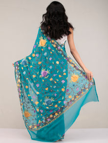 Sea Green Aari Embroidered Georgette Saree From Kashmir - S031704651