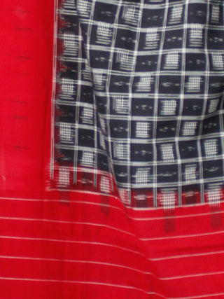 Black Grey Red White Double Ikat Handwoven Cotton Saree - S031703538