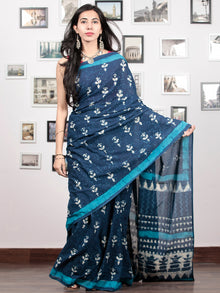 Indigo White Sky Blue Hand Block Printed Cotton Mul Saree - S031703044