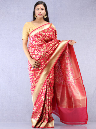 Banarasee Art Silk Saree With Bird Motif - Magenta & Gold- S031704335