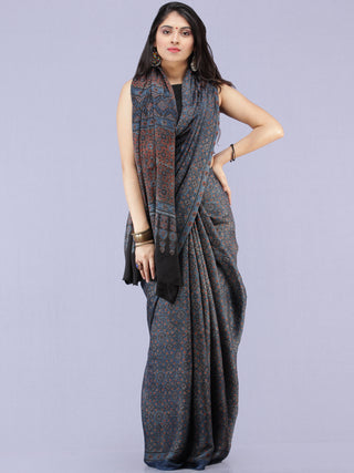 Indigo Black Maroon Ivory Ajrakh Hand Block Printed Modal Silk Saree - S031704263