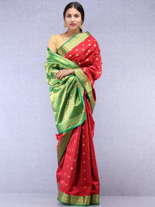 Banarasee Art Silk Self Weave Saree With Zari Work - Red Green & Gold - S031704432