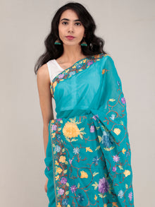 Sea Green Aari Embroidered Georgette Saree From Kashmir - S031704651
