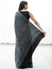 Indigo Black Ivory Rust Ajrakh Hand Block Printed Modal Silk Saree in Natural Colors - S031703722