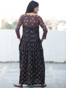 Indigo Black Rust Green Hand Block Printed Long Cotton Dress - D340F1820
