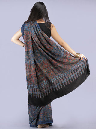 Indigo Black Maroon Ivory Ajrakh Hand Block Printed Modal Silk Saree - S031704263