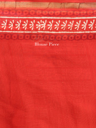 Red Ivory Hand Block Printed Maheshwari Silk Saree With Zari Border - S031704529