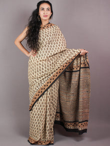 Beige Brown Black Cotton Hand Block Bagru Printed Saree - S03170265