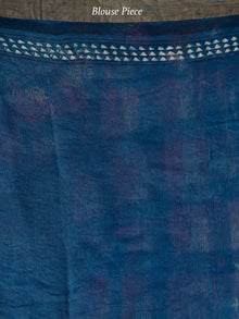 Indigo White Hand Block Printed Handwoven Linen Saree With Zari Border - S031703802