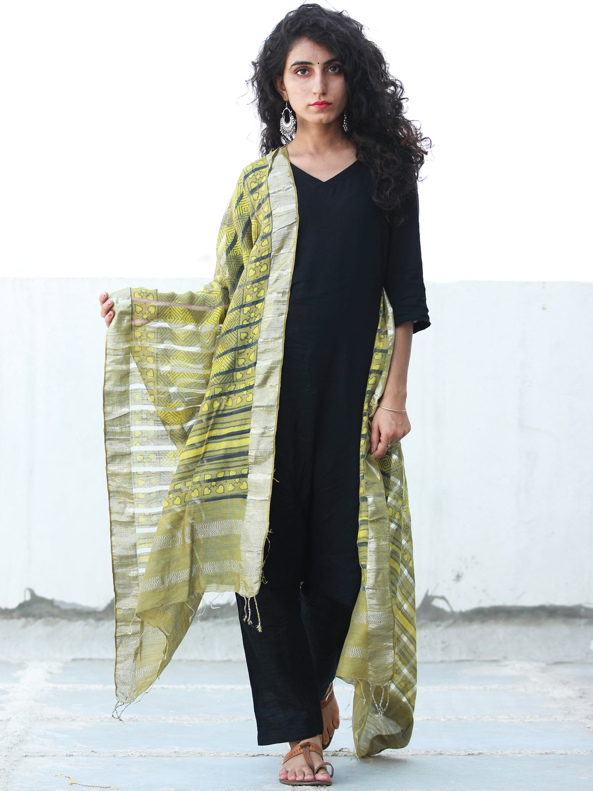 Sage Green Cotton Silk Hand Block Printed Dupatta - D04170478