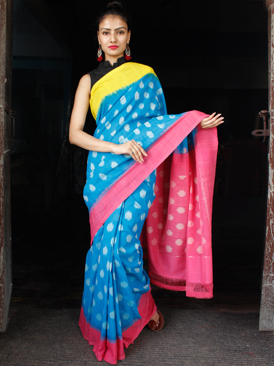 Sky Blue Pink Yellow Grey Ikat Handwoven Ganga Jamuna Border Cotton Saree - S031703638