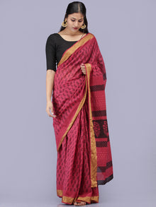 Magenta Pink Black Bagh Printed Maheshwari Cotton Saree - S031704206