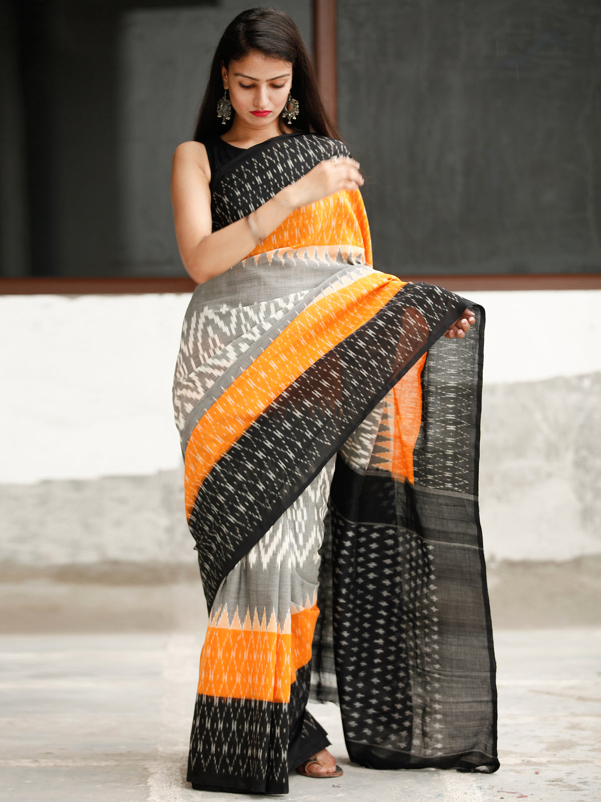 Black Grey Orange Ikat Handwoven Cotton Saree - S031704053