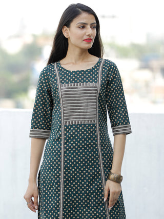 Bottle Green Yellow Hand Block Printed Cotton Kurta - K193F1886