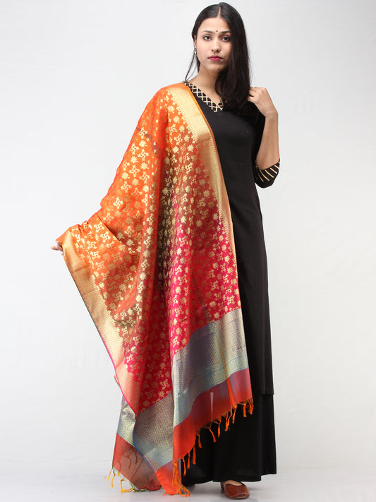 Banarasi Semi Georgette Dupatta With Zari Work -  Multi Shaded Red Orange & Gold  - D04170910