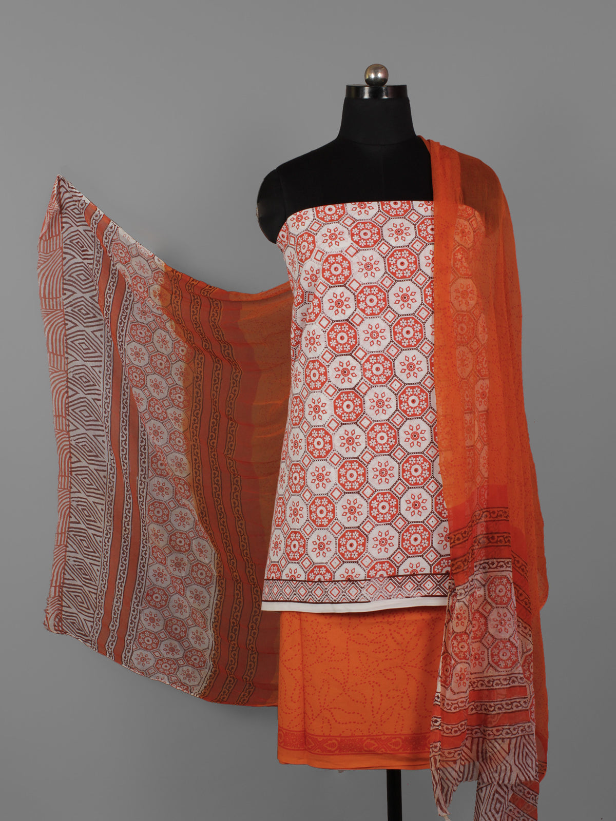 White Rust Orange Hand Block Printed Cotton Suit-Salwar Fabric With Chiffon Dupatta (Set of 3) - S16281306