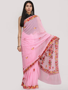 Pink Red Yellow Green Aari Embroidered Georgette Saree From Kashmir - S031704711