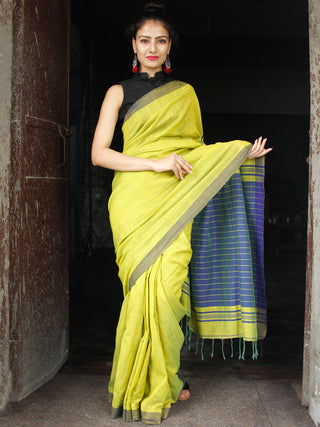 Lemon Green Blue Handloom Cotton Saree With Sequence Work - S031704035