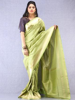 Banarasee Chanderi Silk Paisley Saree With Zari Border - Light Green & Gold  - S031704337