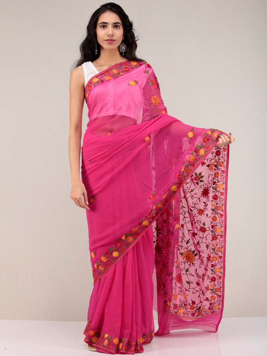 Pink Aari Embroidered Georgette Saree From Kashmir - S031704652