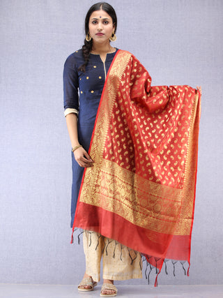 Banarasi Chanderi Dupatta With Zari Work - Red & Gold - D04170820