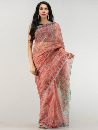 Coral Red Green Hand Block Printed Kota Doria Saree  - S031704580