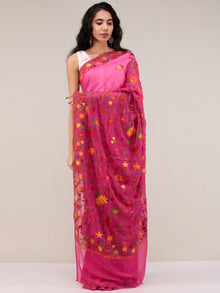 Pink Aari Embroidered Georgette Saree From Kashmir - S031704652