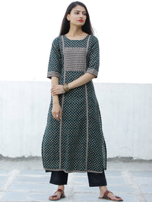 Bottle Green Yellow Hand Block Printed Cotton Kurta - K193F1886