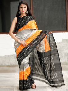 Black Grey Orange Ikat Handwoven Cotton Saree - S031704053