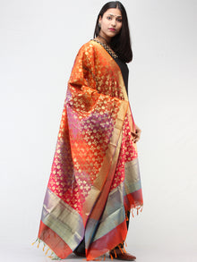 Banarasi Semi Georgette Dupatta With Zari Work -  Multi Shaded Red Orange & Gold  - D04170910