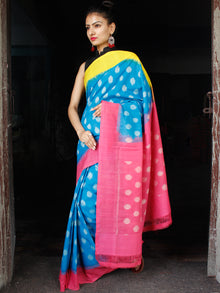 Sky Blue Pink Yellow Grey Ikat Handwoven Ganga Jamuna Border Cotton Saree - S031703638