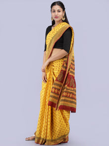 Yellow Maroon Black Bagh Printed Maheshwari Cotton Saree - S031704251