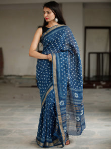 Indigo White Hand Block Printed Handwoven Linen Saree With Zari Border - S031703802