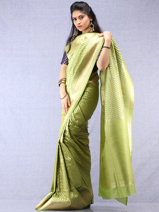 Banarasee Chanderi Silk Paisley Saree With Zari Border - Light Green & Gold  - S031704337