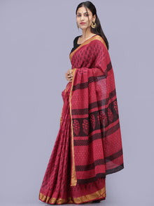 Magenta Pink Black Bagh Printed Maheshwari Cotton Saree - S031704206