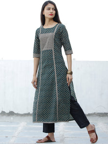 Bottle Green Yellow Hand Block Printed Cotton Kurta - K193F1886