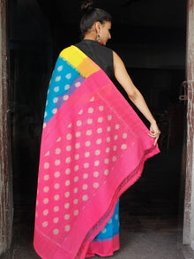 Sky Blue Pink Yellow Grey Ikat Handwoven Ganga Jamuna Border Cotton Saree - S031703638