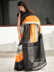 Black Grey Orange Ikat Handwoven Cotton Saree - S031704053