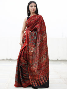 Red Black Blue Beige Ajrakh Hand Block Printed Modal Silk Saree in Natural Colors - S031703723