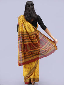 Yellow Maroon Black Bagh Printed Maheshwari Cotton Saree - S031704251
