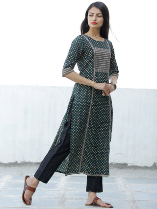 Bottle Green Yellow Hand Block Printed Cotton Kurta - K193F1886