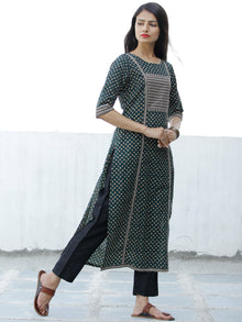 Bottle Green Yellow Hand Block Printed Cotton Kurta - K193F1886