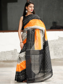 Black Grey Orange Ikat Handwoven Cotton Saree - S031704053