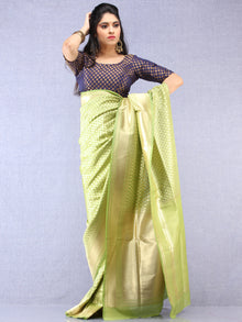 Banarasee Chanderi Silk Paisley Saree With Zari Border - Light Green & Gold  - S031704337