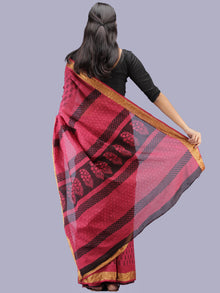 Magenta Pink Black Bagh Printed Maheshwari Cotton Saree - S031704206