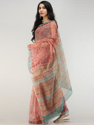 Coral Red Green Hand Block Printed Kota Doria Saree  - S031704580
