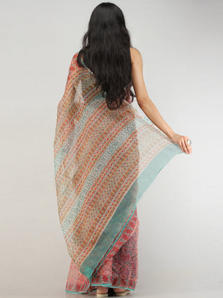 Coral Red Green Hand Block Printed Kota Doria Saree  - S031704580