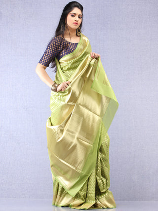 Banarasee Chanderi Silk Paisley Saree With Zari Border - Light Green & Gold  - S031704337